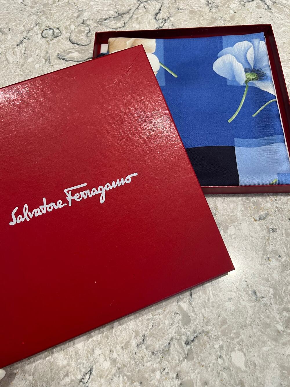 Salvatore Ferragamo Silk Scarf Blue White Floral JL